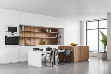 Mutfak alanı, oda köşesi, masa ve panoramik pencere. Kabinede ve kaidede ahşap astar. Siyah sandalyeli ve fırınlı beyaz iç mekan. Beton döşeme. 3d oluşturma