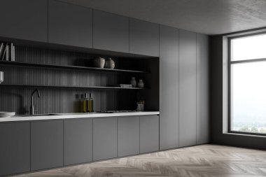 Mutfak odasının köşesinde panoramik pencereler var. Dolabın açık raflarının arkasında koyu astarı olan kare oyuk. Gri tavanlar, duvarlar ve dolap. Parke döşeme. 3d oluşturma