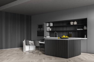 Mutfak odasının köşesinde sağlam bir masa ve dört sandalye var. Kare şeklinde ve açık rafları olan bir dolap. Sırtüstü koyu renk kaplama ve kaide. Tahta duvar. Parke döşeme. 3d oluşturma