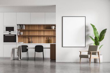 Solunda mutfak alanı olan beyaz duvarda bir poster var. Koltuk, çiçekli saksı, yakınında duruyor. Sandalyeli masa ve ahşap oyuklu dolap. Beton döşeme. 3d oluşturma