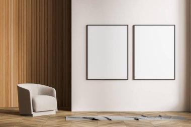 Bir koltuk ve paçavrayla iç mekan. Bej arka planda iki beyaz poster ve sol duvarın ahşap kaplaması. Parke döşeme. 3d oluşturma