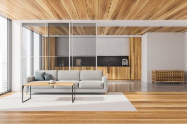 Mutfağı arkasında, sehpası cam olan gri kanepeli oturma odası. Panoramik manzara. Ahşap döşeme ve döşeme döşemeleri, iki bölgede beyaz iç malzemeler. Yan masa. 3d oluşturma