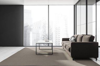 Panoramik oturma odası. Kahverengi kanepe ve halıyla yan manzara. Ahşap döşeme ve sehpanın üstü. Sağında cam kapılar olan gri iç döşeme. 3d oluşturma