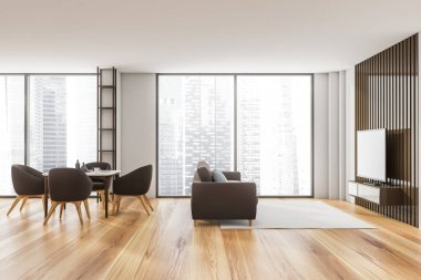 Gökdelen binasında, büyük bir Asya şehrinde modern oturma odası. Üst kattaki lüks daire. 3d oluşturma