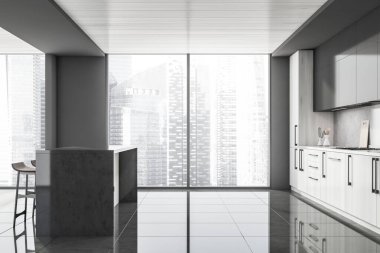 Mutfak odasının panoramik tarafı grinin gölgesinde. Hafif ahşap dolaplar ve tavanın büyük bir kısmı. Solunda bar tabureleri olan karanlık bir masa. Döşeme döşemesi. 3d oluşturma