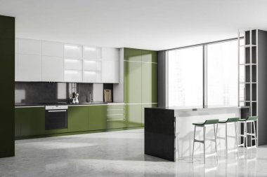 Modern Mutfak Odası, gökdelen binası, büyük Asya şehri. Üst kattaki lüks daire. 3d oluşturma.