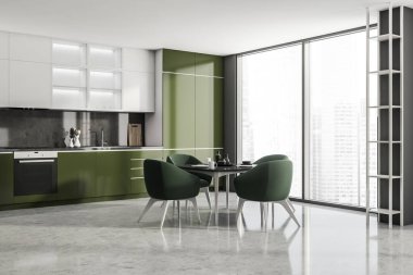 Modern Mutfak Odası, gökdelen binası, büyük Asya şehri. Üst kattaki lüks daire. 3d oluşturma.