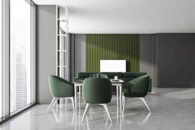 Gökdelen binasında, büyük bir Asya şehrinde modern oturma odası. Üst kattaki lüks daire. 3d oluşturma.