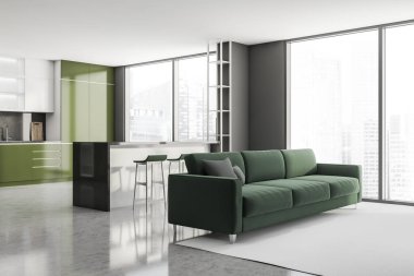 Gökdelen binasında, büyük bir Asya şehrinde modern oturma odası. Üst kattaki lüks daire. 3d oluşturma.