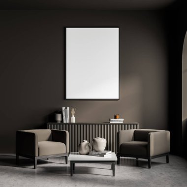 İçi koyu kahverengi bekleme odasında boş bir poster. Duvarda bir tabela var. Kahve masasının yanında beyaz kapaklı iki koltuk. Beton döşeme. Model yap. 3d oluşturma