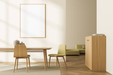 Açık sarı oturma odasının iç tarafında duvarda iki sandalye ve büfe bulunan pankartlar. Ahşap detaylar ve yeşilimsi sarılar. Arkadaki kanepe. Parke. Modelleme. 3d oluşturma