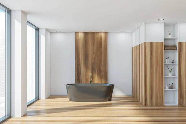 Panoramic Bathroom Wooden Floor Element Wall Cabinet Half Dark Beige — Stock Photo, Image