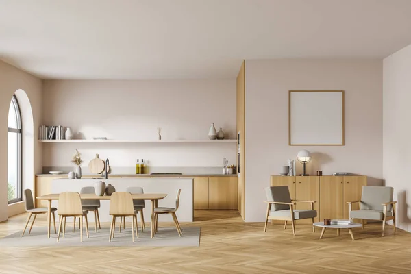 Empty mockup poster inside the interior with arch window, pinky white walls and wooden details of furniture. Parquet flooring. Double sided kitchen, table and armchairs with sideboard. 3d rendering