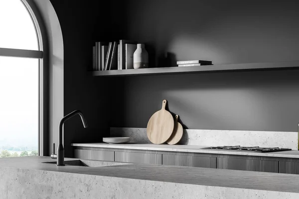 Corner view of kitchen interior with stone and wooden details, Davys grey walls, arch window and double sided cabinet. Open shelf, sink opposite the stove and light worktops. 3d rendering