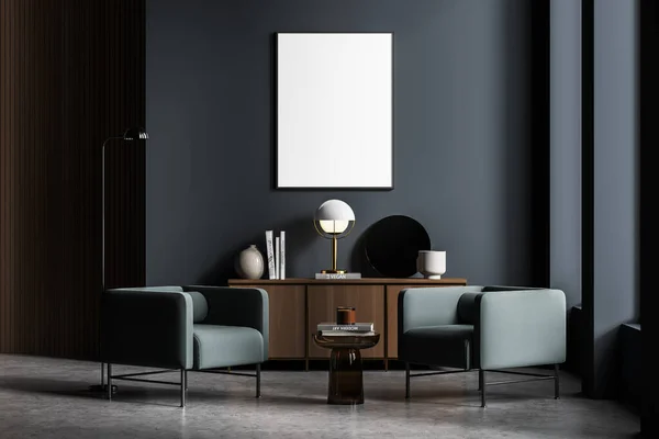 Empty poster on grey wall in the waiting room interior with glass coffee table and two green armchairs. Lamp on the left and on the sideboard. Two windows on the right. Concrete floor. 3d rendering