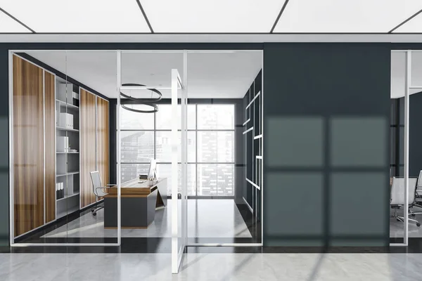右側のガラスの壁 オフィスのドアや空の壁と通路のパノラマビジネスインテリア 幾何学的なインテリア オフィスチェア シャンデリア ワードローブ付きのデスク 石の床 3Dレンダリング — ストック写真