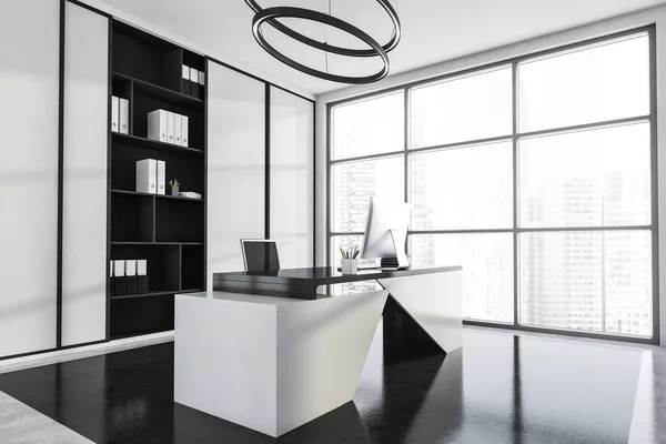 Black and white interior with room and desk corner, panoramic windows, original round chandelier, office chair and wardrobe. Black and white geometric design. Stone floor. 3d rendering