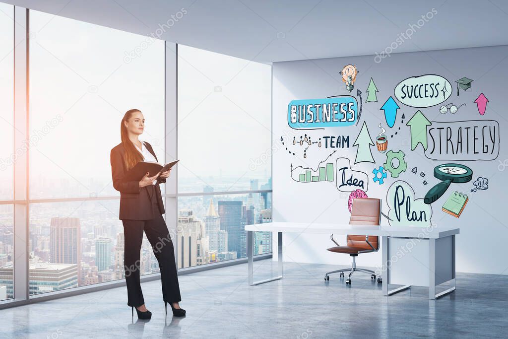 Full length businesswoman in formal clothes standing and holding a nptebook. Concept of starting up new business, building a plan, strategy and team. Colorful sketches on wall of panoramic office