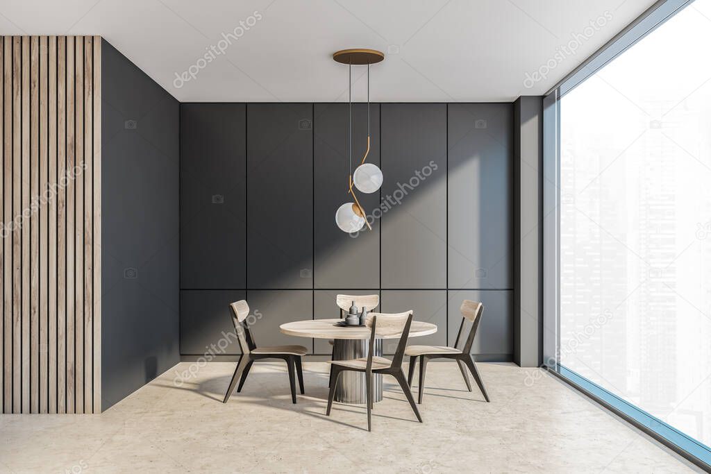 Dining room with table, chairs and chandelier. Dark grey cabinet and one of the walls. Light wooden details of the furniture and lining. Concrete floor. Panoramic interior. 3d rendering