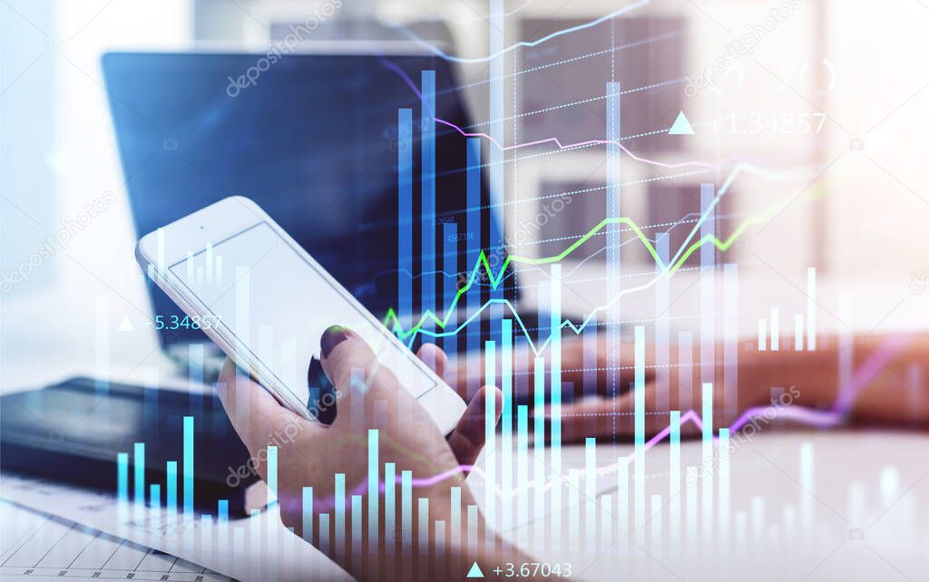 Businesswoman hold smartphone to check stock market rates to predict behavior. Hologram charts. Business and financial success concept. double exposure. Financial graph and quotes