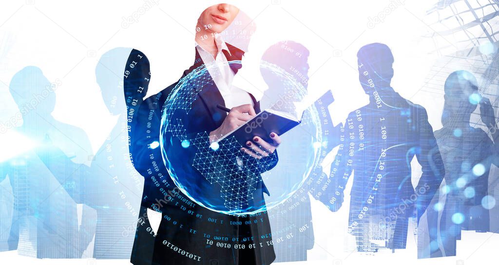 Business Woman taking notes in notebook. Silhouettes of business partners, double exposure of people, Skyscrapers and digital interface on background. Concept of corporate business teamwork