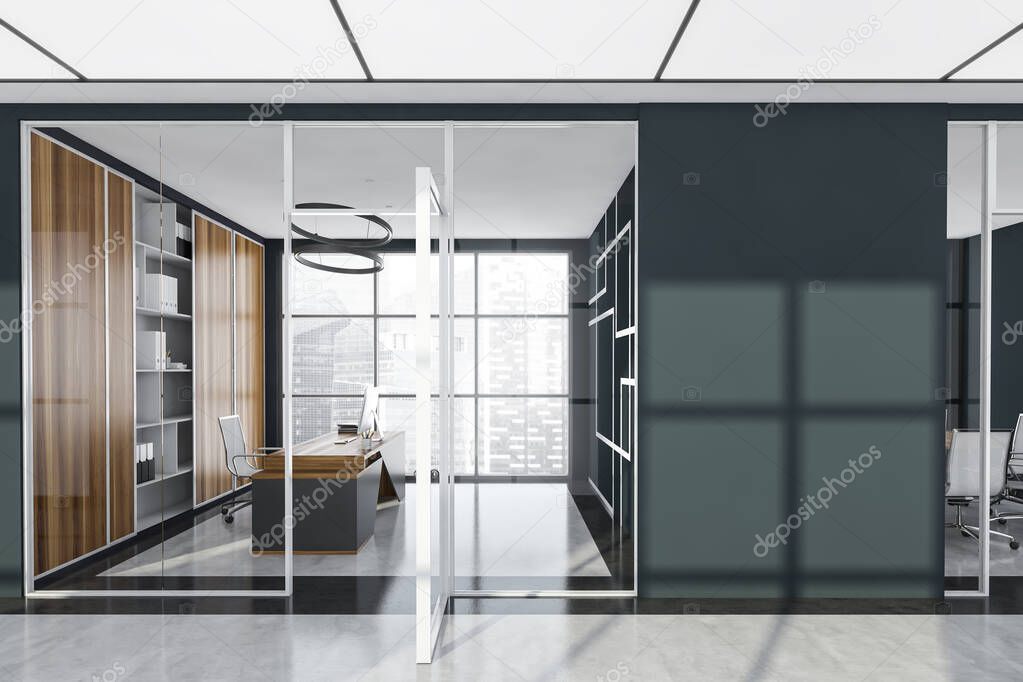 Panoramic business interior of passage with glass walls, office doors and empty wall to the right. Geometric interior. Desk with office chair, chandelier and wardrobe. Stone floor. 3d rendering