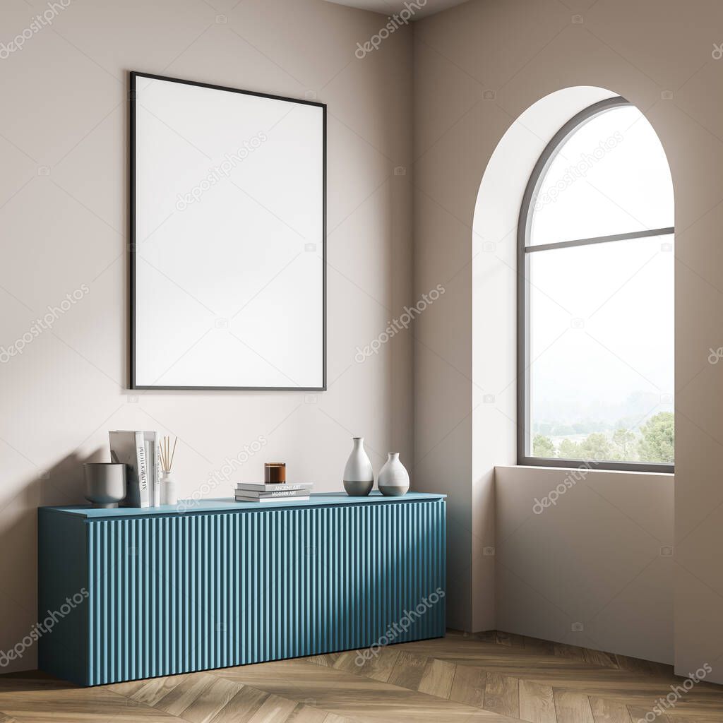 Banner on the beige wall of the living room interior. View from corner on the blue sideboard with decor items and arch window. Parquet flooring. Mock up. 3d rendering