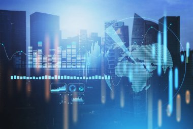 Singapur şehir merkezinin panoramik görüntüsü. Eski tablo, şamdan, çizelge ve diyagram ön planda. Borsa ticareti kavramı. Değeri yükseliyor ve düşüyor. Hologram küresi