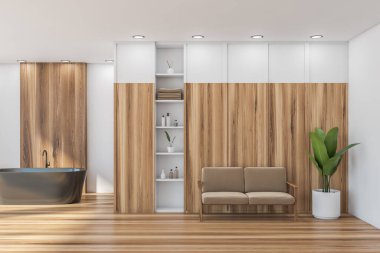 Otelin içi için banyo. Koyu bej küvet, beyaz duvarlar, raflar ve tavanlar. Dolabın önünde duran iki koltuklu bej koltuk ve lazımlık. Ahşap zemin ve elementler. 3d oluşturma