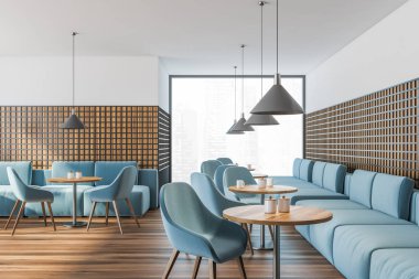 Aksanlı mavi mobilyaları ve panoramik manzarası olan bir restoran, kolye gri lambaları, siyah ahşap iç dekorasyon ve zemin eşleşmesi. 3d oluşturma