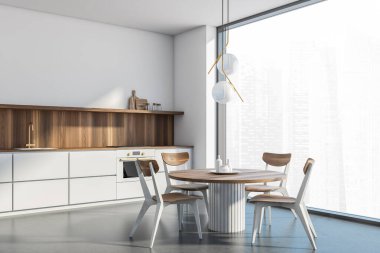 Beyaz panoramik mutfak alanı olan iç kısmın köşesi. Tahta masa, sandalyeler ve dolabın su sıçraması. Orijinal avize, beyaz duvarlar ve beton döşeme. 3d oluşturma