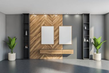 Gri duvarda, altında ve iki tarafında raflar bulunan iki boş beyaz pankart var. İki oda köşesinde de bitkiler var. Gündüz vakti içeride. Beton zemin. Modelleme. 3d oluşturma