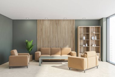 İçi bej kanepe, iki sandalye, kahve masası, dolap, panoramik manzara, dört ışık, ön duvarda ahşap detay, yeşil alanda beton zemin ve kapalı alan. 3d oluşturma