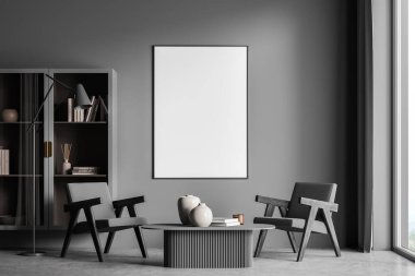 Gri beton zemin ve büyük pencereli modern oturma odası. Duvara boş posterler asın. Çağdaş tasarım kavramı. 3d oluşturma