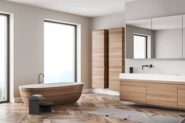 Ahşap, taş dekorasyon elementleri ve büyük pencereli modern banyo. Çağdaş tasarım ve spa rahatlama kavramı. 3d oluşturma