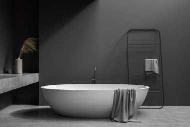 Koyu gri banyo, beton zemin, oval beyaz seramik küvet ve basit askı, minimal iç dizayn ile bağlanmış. 3d oluşturma