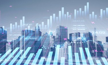 Finansal bar çizelgeleri New York panoramik şehir manzarası üzerinde. Uluslararası iş ve danışmanlık kavramı. Çift Pozlama.