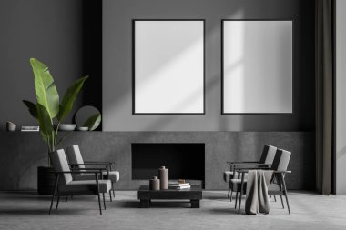 Beton zemin ve şömineli modern oturma odası. Duvarda iki tane boş poster var. Çağdaş tasarım kavramı. 3d oluşturma