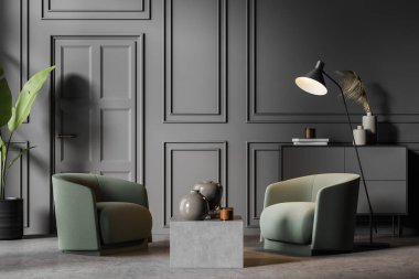 Beton zeminli modern oturma odası. Boş duvarı taklit et. Çağdaş tasarım kavramı. 3d oluşturma