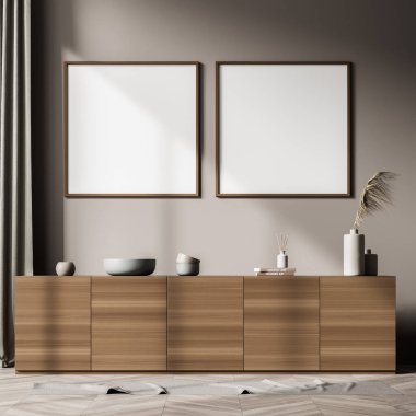 İç kısımda tahta büfeden yapılmış iki adet boş beyaz pankart. Arka plan duvarının açık kahverengi tonu ve köşede yeşilimsi gri perdeler. Parke zemin, halı. Modelleme. 3d oluşturma