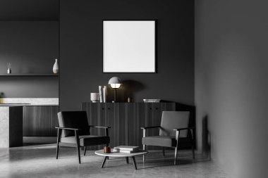 İçinin ahşap detaylarıyla dolu karanlık stüdyo mutfağındaki boş beyaz poster. Arkada dolaplar, iki koltuklu kahve masası ve büfe. Beton döşeme. Modelleme. 3d oluşturma