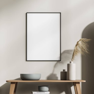 Duvara boş posterler asın. Modern oturma odasının içi. Mobilyalar çok şık. Çağdaş tasarım kavramı. 3d oluşturma