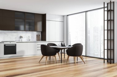 Modern Mutfak Odası, gökdelen binası, büyük Asya şehri. Üst kattaki lüks daire. 3d oluşturma.