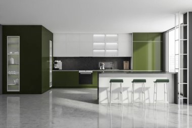 Modern Mutfak Odası İçi. Üst kattaki lüks daire. 3d oluşturma.