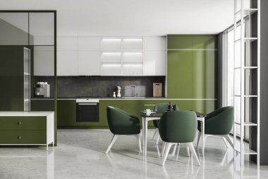 Modern Mutfak Odası, gökdelen binası, büyük Asya şehri. Üst kattaki lüks daire. 3d oluşturma.