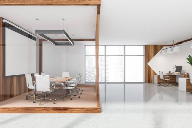 Projeksiyon ekranı, masa, yuvarlanan sandalyeler ve beyaz alanın içinde ahşap detaylar, beton zemin, panoramik pencereler ve çalışmak için yerleri olan şık avizeli cam oda. 3d oluşturma
