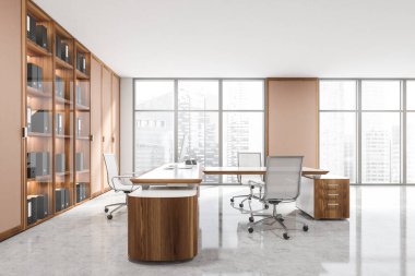 Panoramik iç döşeme, ahşap ve pembe kahverengi kabine, duvar ve üç tekerlekli sandalyenin detayları. Beton gri zemin. 3d oluşturma