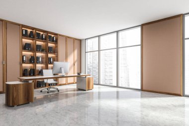 Panoramik ofis içi beton gri zemin, ahşap ve serçe parmak arası kahverengi dolap, duvar ve tekerlekli sandalye. 3d oluşturma