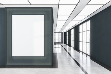 Panoramik iç mekanın içinde cam kapılı uzun pasajlı maket posteri var. Ofisleri ve etrafındaki pencereleri olan boş bir alan. Koyu mavi duvarlar ve açık gri taş zemin. 3d oluşturma