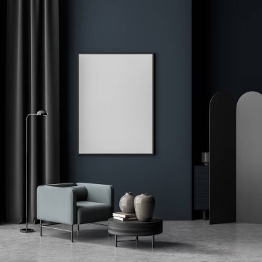 Bekleme odasının iç kısmında boş pankart, koltuk, sehpa ve lamba var. Gri dekor sapması ve perdeler. Koyu mavi duvarlar. Modelleme. Beton döşeme. 3d oluşturma